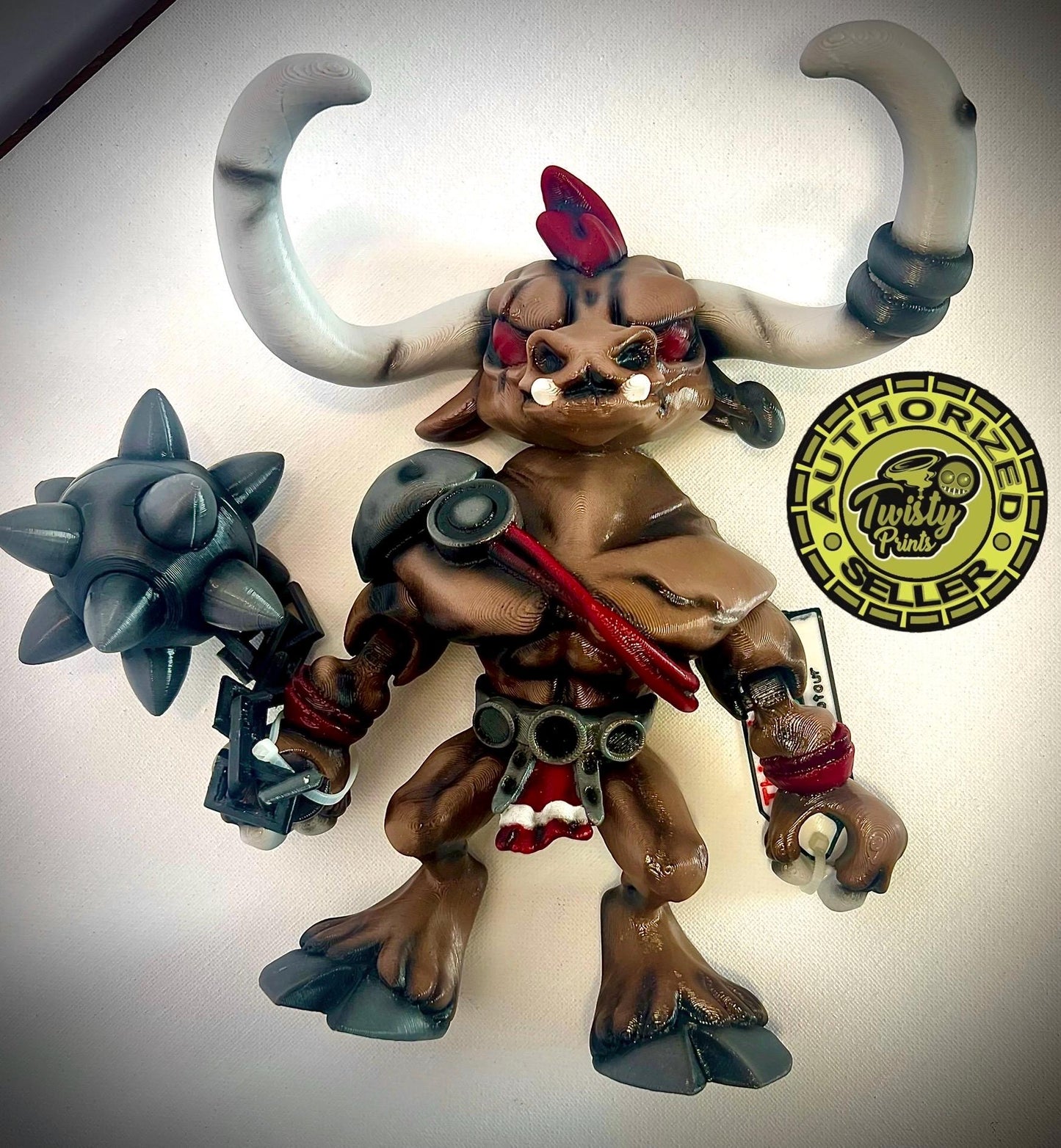 3d printed and Handpainted, Minotaur with mace accessory, designed by Twisty Prints.